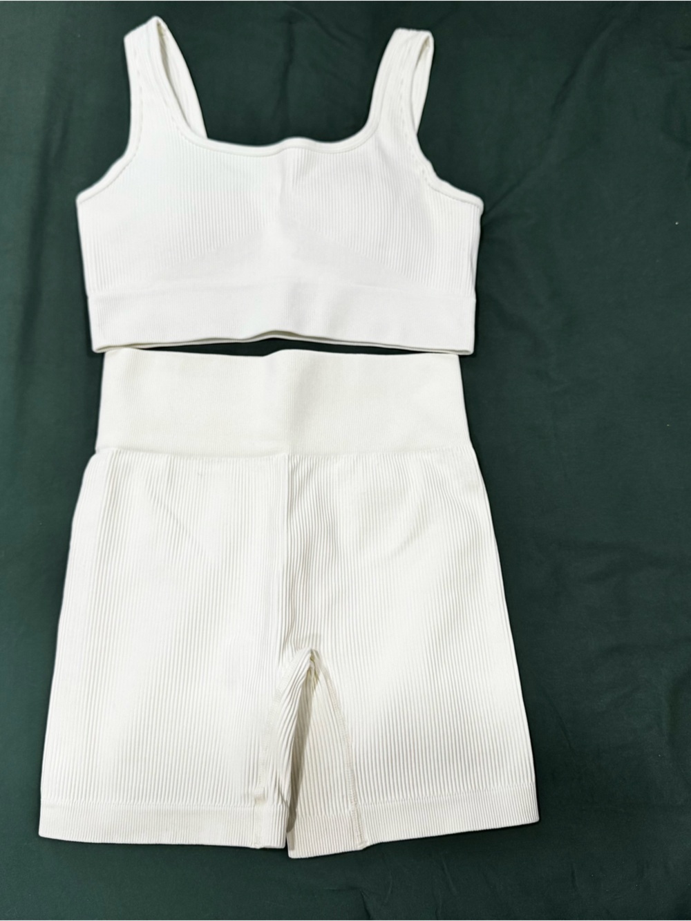 Amazon White Ribbed Sports Bra and High-Waist Biker Shorts Set - Picture 2 of 8